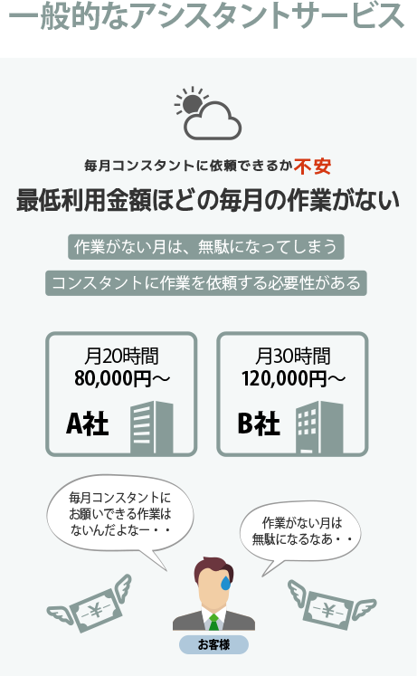 一般的なアシスタントサービス：毎月コンスタントに依頼できるか不安。最低利用金額ほどの毎月の作業がない。作業がない月は、無駄になってしまう